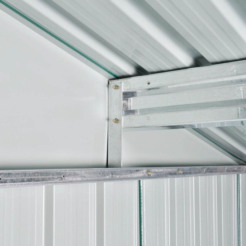 Inside the shed roof showing a galvanised steel purlin bolted to the wall frame under pale roof panels