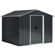 Studio three-quarter view of the dark grey metal garden shed with its sliding doors closed