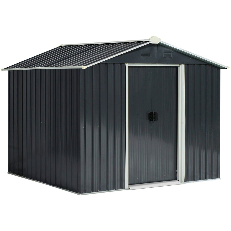 Studio three-quarter view of the dark grey metal garden shed with its sliding doors closed