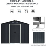 Dark grey shed front elevation with weather resistance icons above a galvanised steel frame close-up