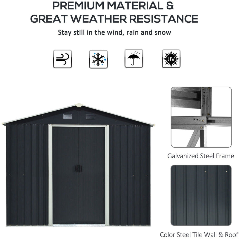 Dark grey shed front elevation with weather resistance icons above a galvanised steel frame close-up