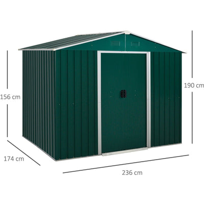 Dimension diagram of the green shed showing 236cm width, 174cm depth, 190cm height and 156cm at the eaves