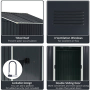 Dark grey shed feature panel showing the sloped roof, a louvre vent, the padlock hasp and open sliding doors