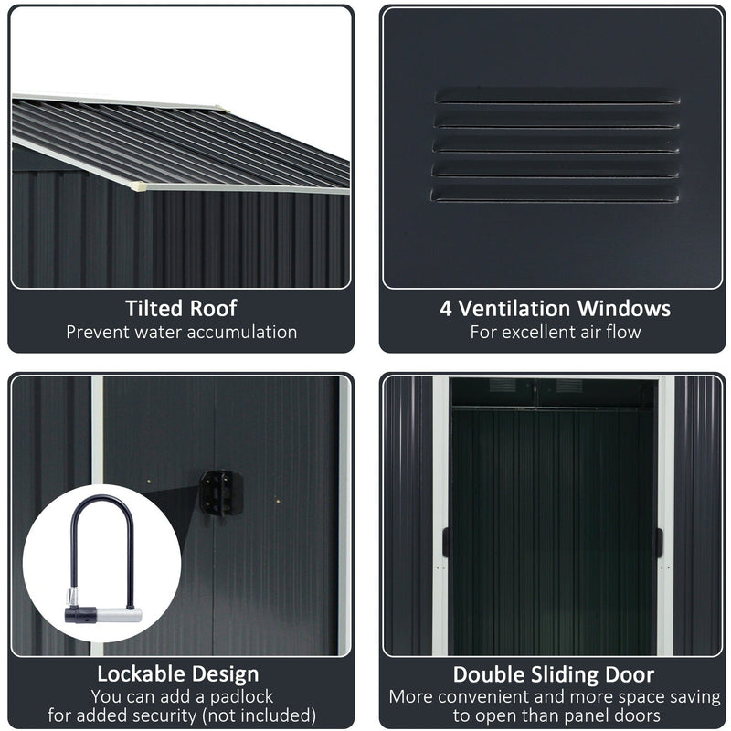 Dark grey shed feature panel showing the sloped roof, a louvre vent, the padlock hasp and open sliding doors