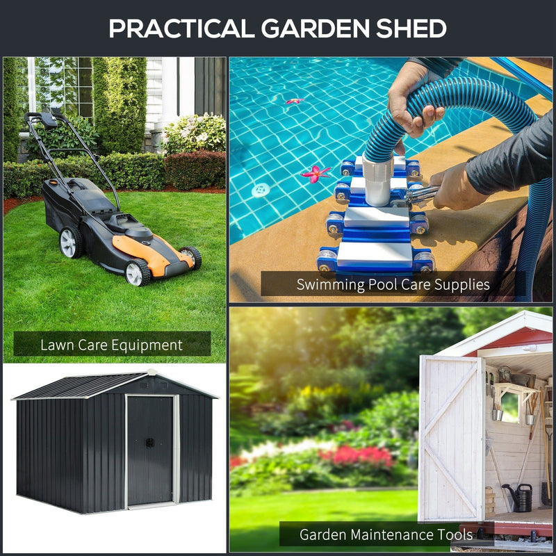 Practical uses panel for the dark grey shed covering lawn care, pool supplies and garden maintenance tools