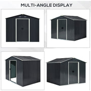 Multi-angle studio display of the dark grey metal shed from four sides, one with the sliding door open