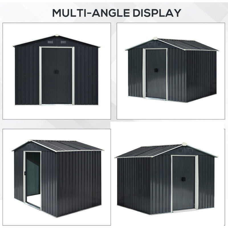 Multi-angle studio display of the dark grey metal shed from four sides, one with the sliding door open