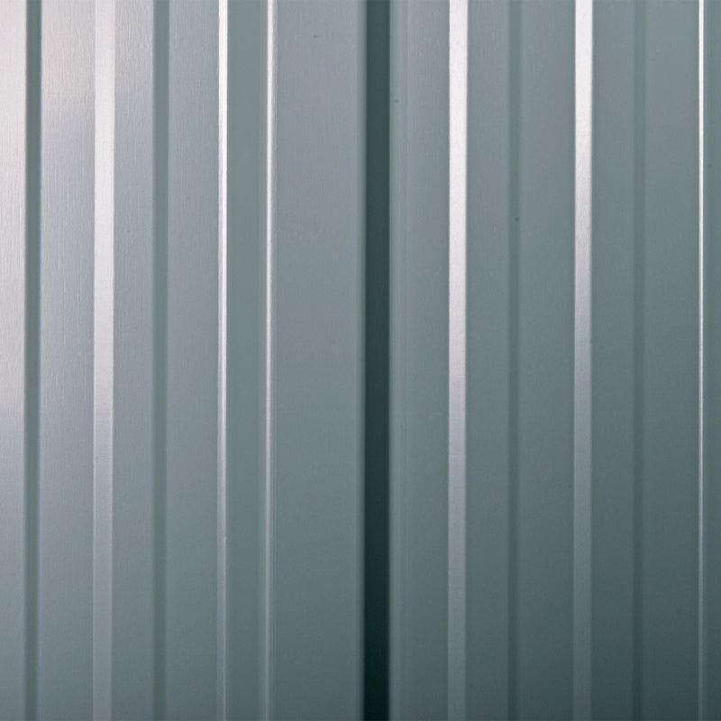 Close-up of the ribbed dark grey steel cladding panel used for the shed walls