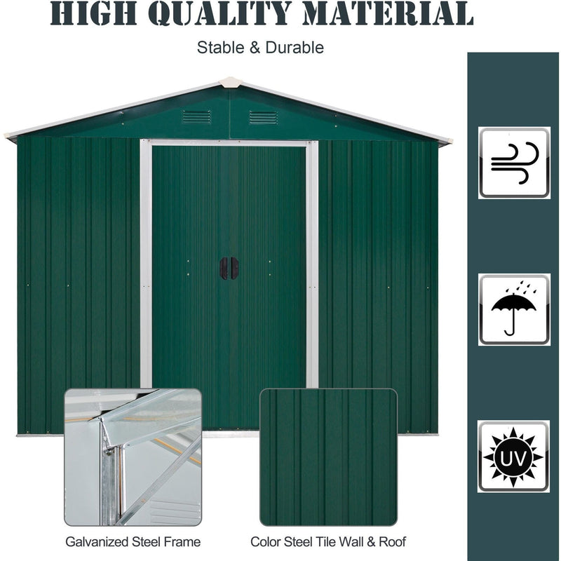 Green shed front view with galvanised steel frame and colour steel wall close-ups beside wind, rain and UV icons