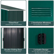 Four green shed features: sloped roof edge, pressed louvre vent, double sliding doors and lockable handles