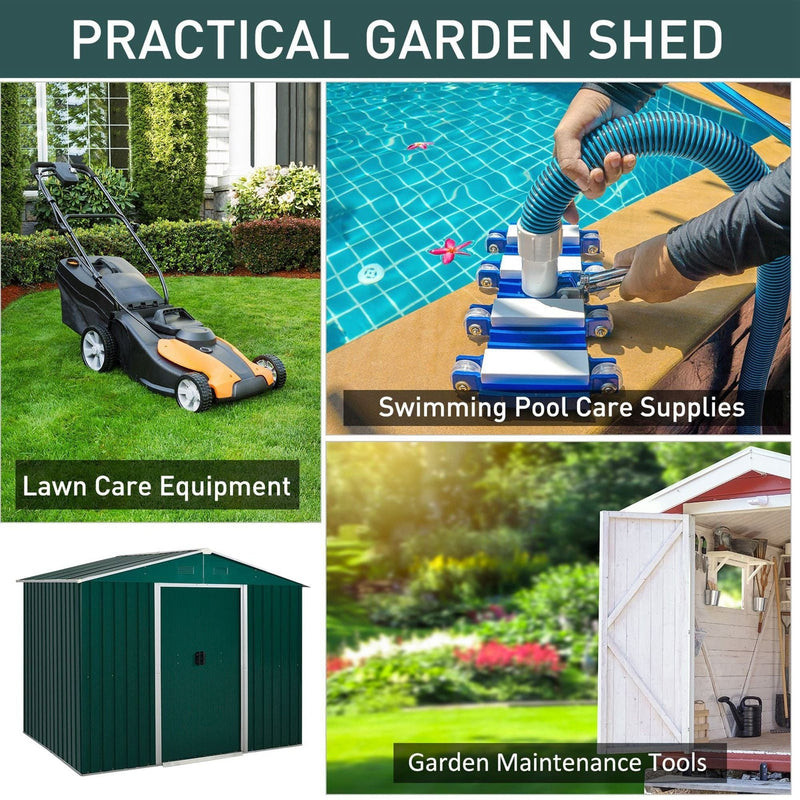 Storage ideas for the green garden shed shown as a lawn mower, pool cleaning kit and garden tools