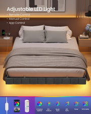 The bed lit with warm amber underglow, with the LED remote and app colour options shown below