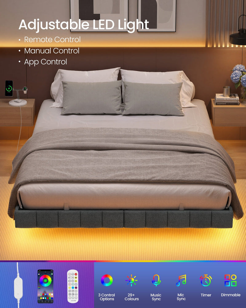 The bed lit with warm amber underglow, with the LED remote and app colour options shown below