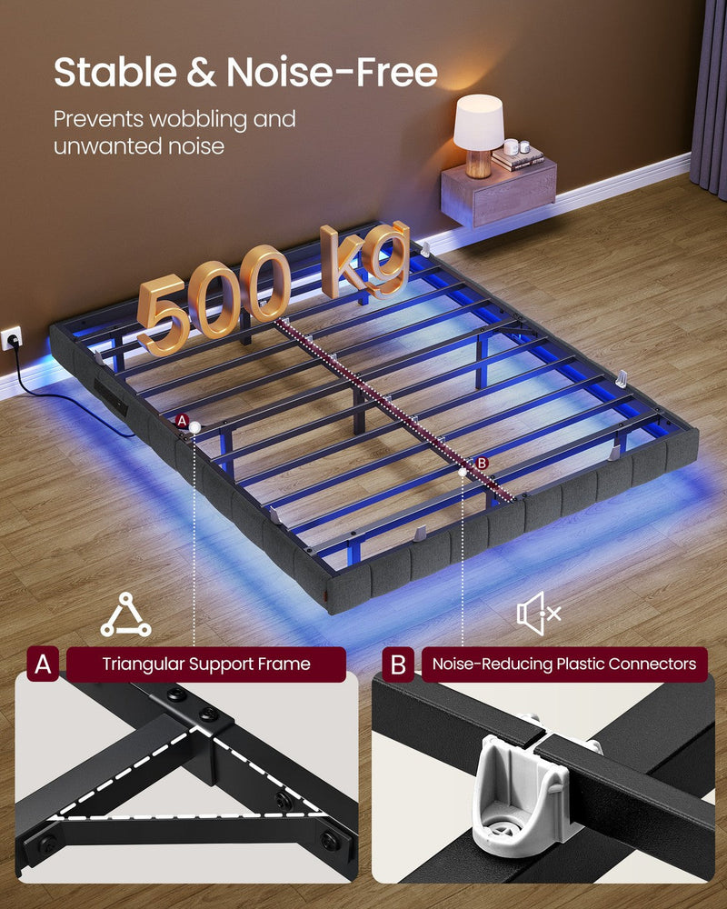 The bare steel frame and metal slats with the 500 kg load rating and support bracket labelled