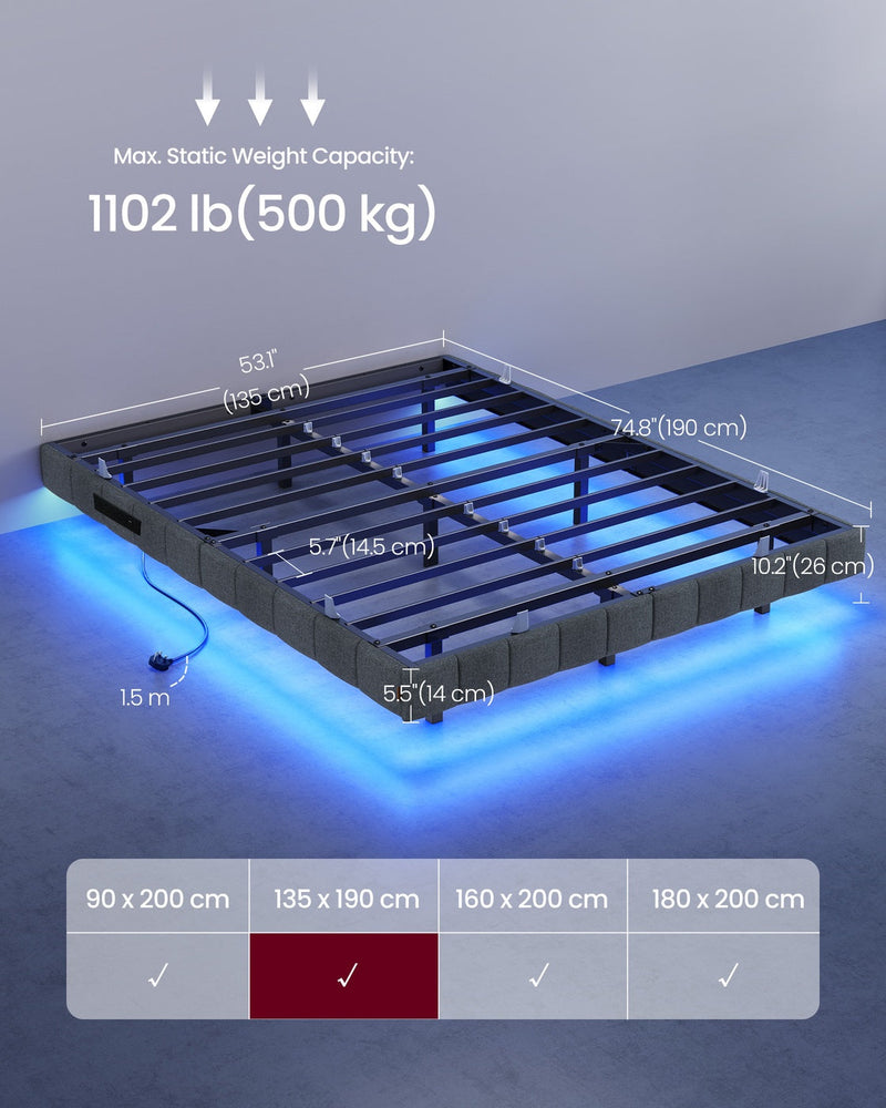 Dimension diagram showing the 135 x 190 cm frame, 26 cm height and 14 cm floor clearance