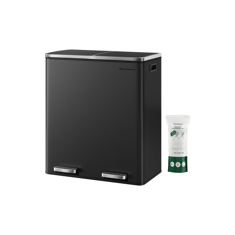 Black double kitchen bin with pedal, front view
