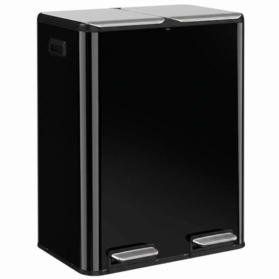 HOMCOM double kitchen pedal bin in high gloss black stainless steel, studio shot