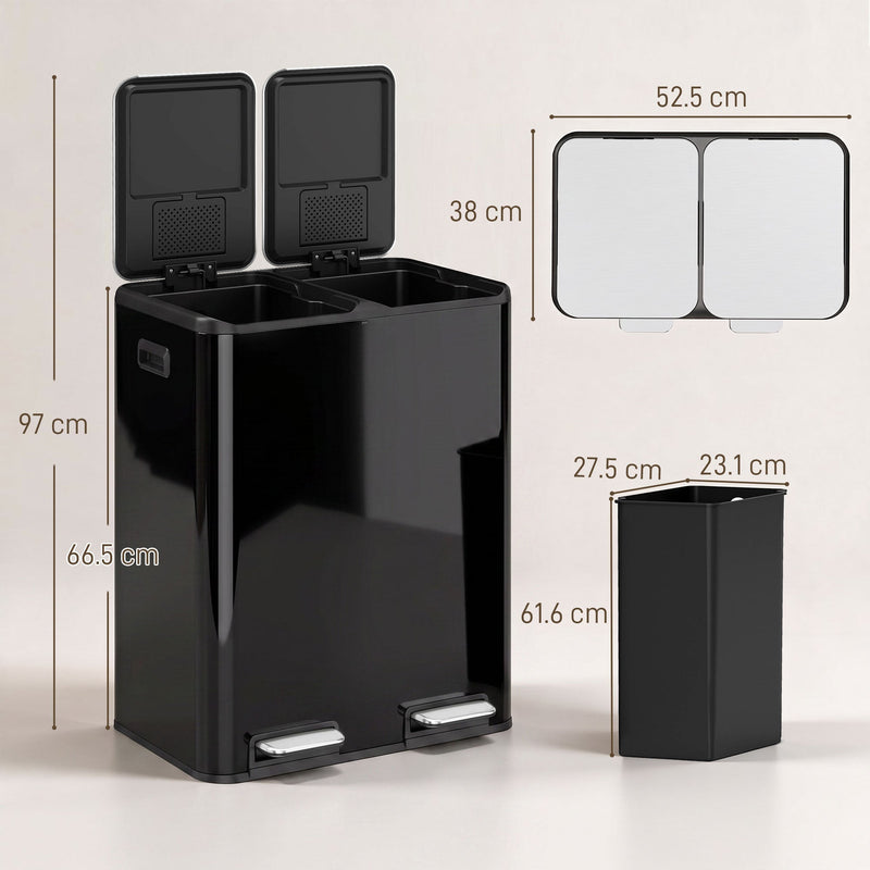 Dimensions diagram of the HOMCOM double kitchen bin showing 97 cm lid-open height and inner bucket sizes