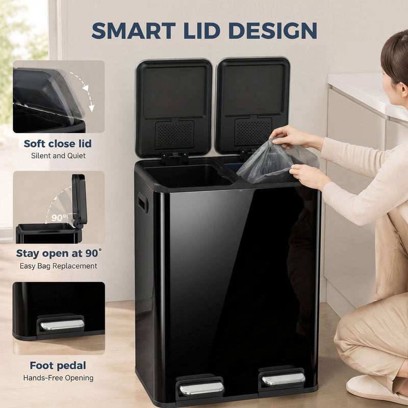 Smart lid design graphic showing soft-close lid, 90 degree stay-open and foot pedal