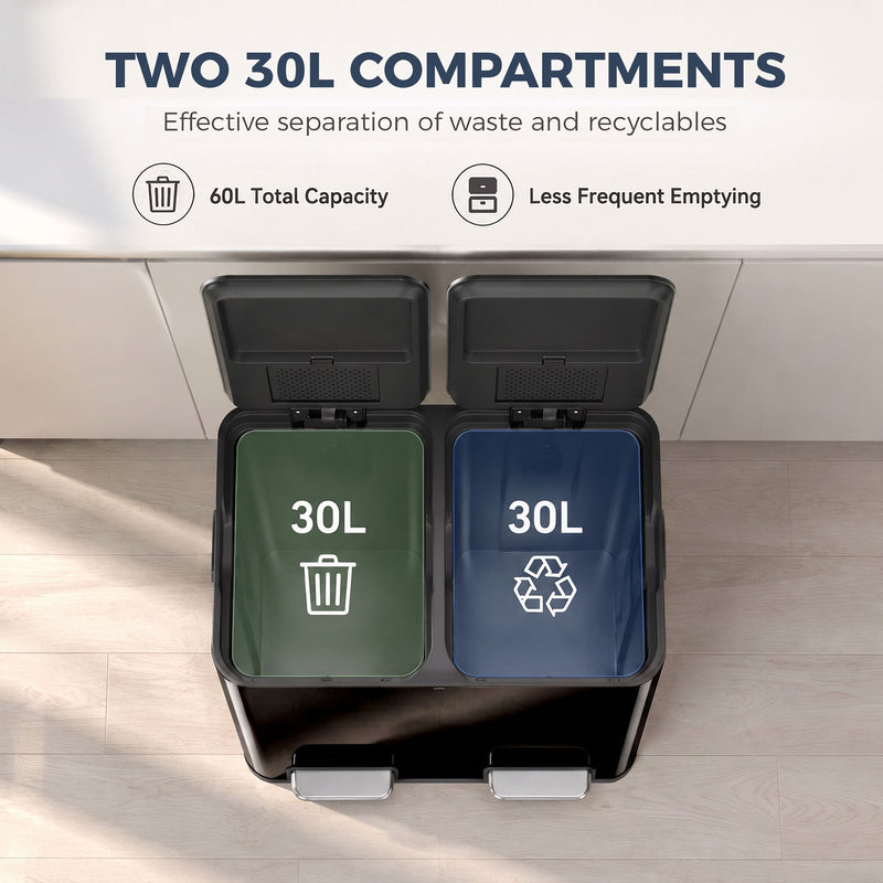 Two 30L compartments graphic showing 60L total capacity for waste and recycling