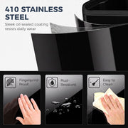 410 stainless steel construction graphic showing fingerprint-proof, rust-resistant, easy-clean finish