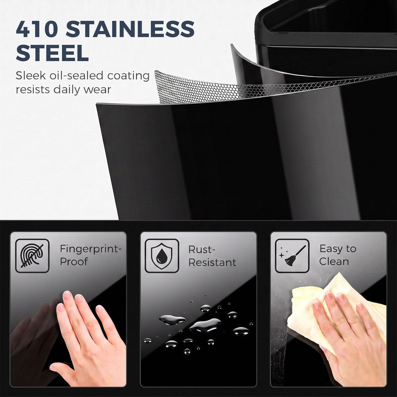 410 stainless steel construction graphic showing fingerprint-proof, rust-resistant, easy-clean finish
