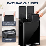 Removable inner buckets and secured bag liner graphic for easy bag changes