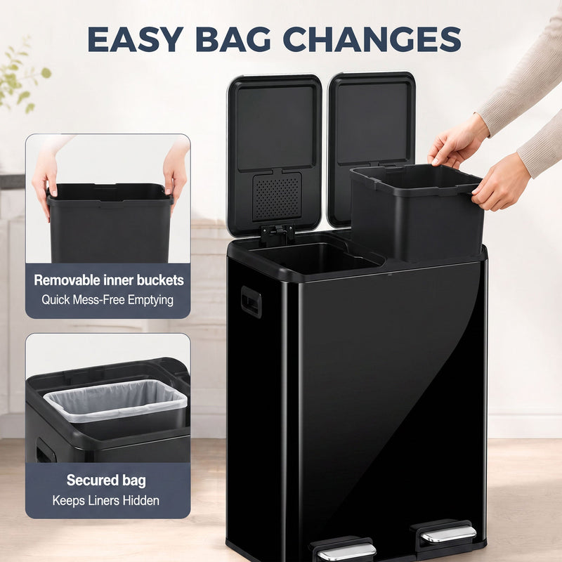 Removable inner buckets and secured bag liner graphic for easy bag changes