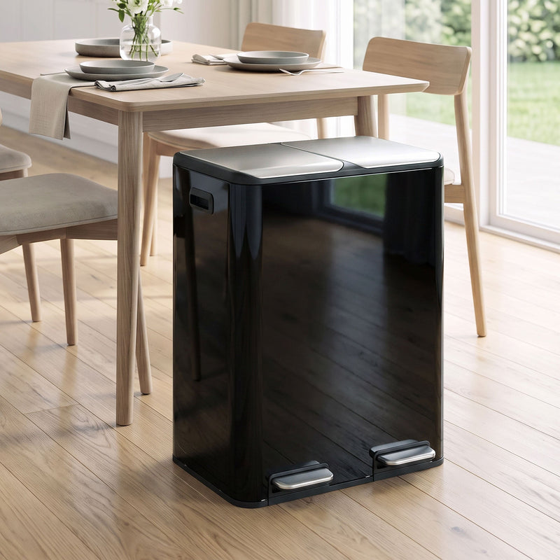 HOMCOM double pedal bin in a dining room beside a wooden table