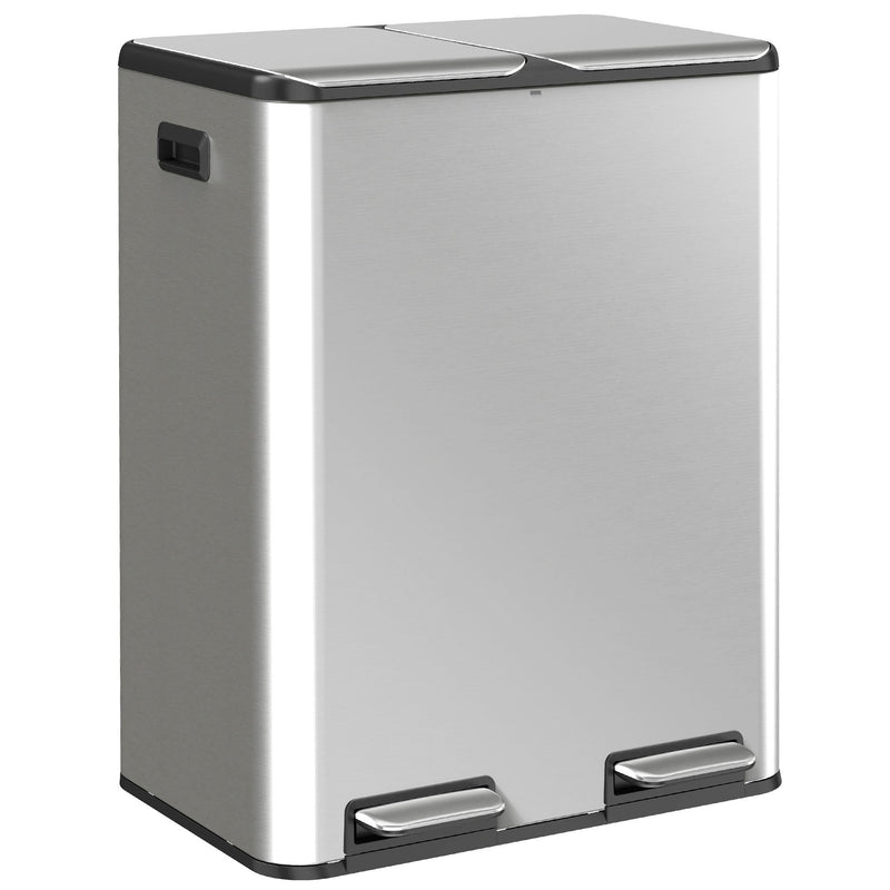 HOMCOM double kitchen pedal bin, 2 x 30L size, angled studio view