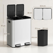 Dimension diagram of the 2 x 30L HOMCOM kitchen bin, 52.5 x 38 x 66.5cm