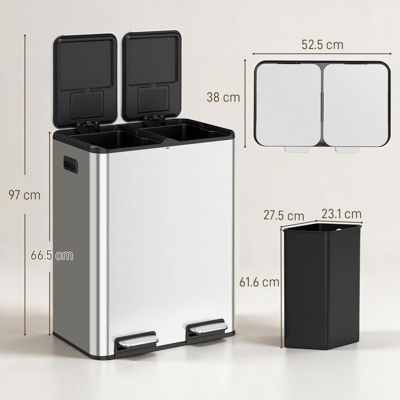 Dimension diagram of the 2 x 30L HOMCOM kitchen bin, 52.5 x 38 x 66.5cm