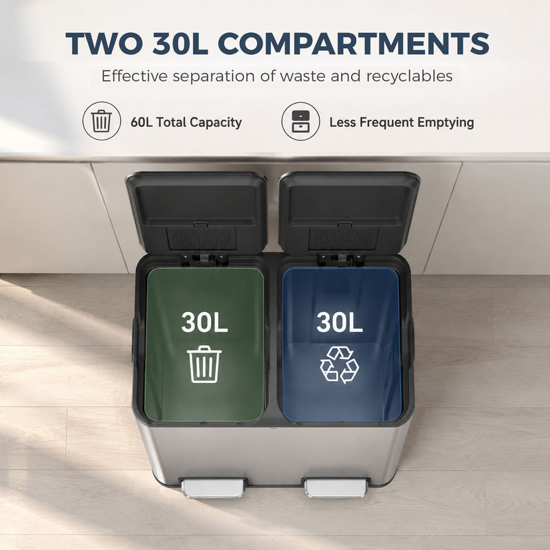 Two 30L inner buckets shown side by side for waste and recycling sorting