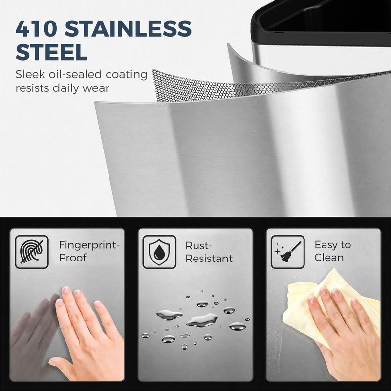 Close-up of the 410 stainless steel finish on the 2 x 30L bin