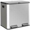 HOMCOM double kitchen pedal bin in silver stainless steel, angled studio view