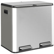 HOMCOM double kitchen pedal bin in silver stainless steel, angled studio view