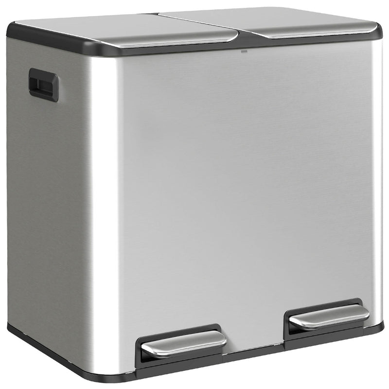 HOMCOM double kitchen pedal bin in silver stainless steel, angled studio view