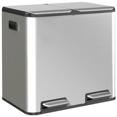 HOMCOM double kitchen pedal bin in silver stainless steel, angled studio view