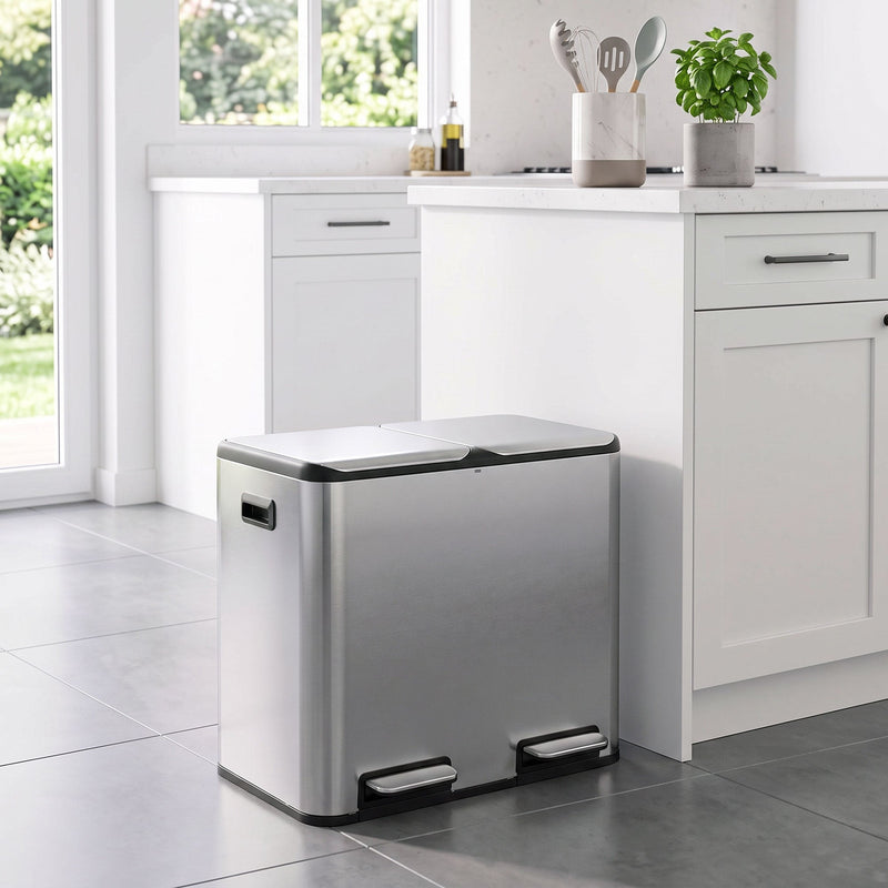 HOMCOM double kitchen bin in a modern white kitchen next to the counter