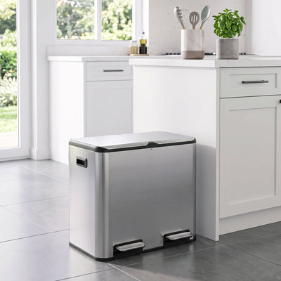 HOMCOM double kitchen bin in a modern white kitchen next to the counter