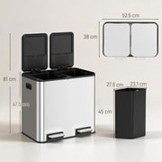 Dimension diagram of the 2 x 20L HOMCOM kitchen bin, 52.5 x 38 x 47.5cm