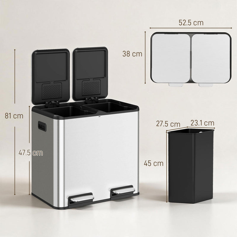 Dimension diagram of the 2 x 20L HOMCOM kitchen bin, 52.5 x 38 x 47.5cm