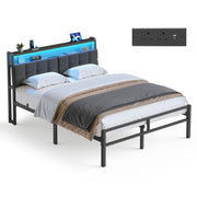 Double metal bed frame with grey upholstered LED headboard and an inset of the socket panel