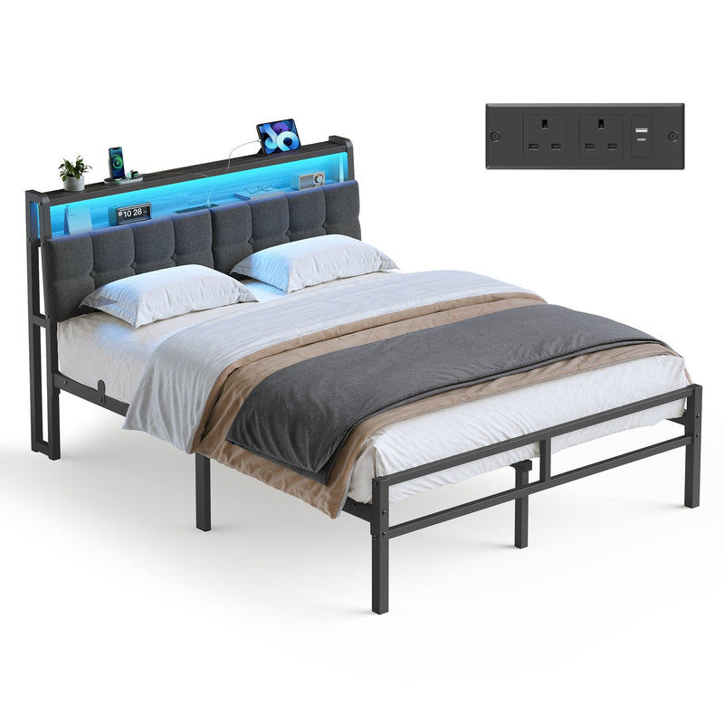 Double metal bed frame with grey upholstered LED headboard and an inset of the socket panel