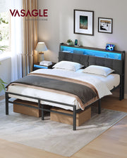 Bed frame in a bedroom with blue headboard lighting and storage baskets underneath