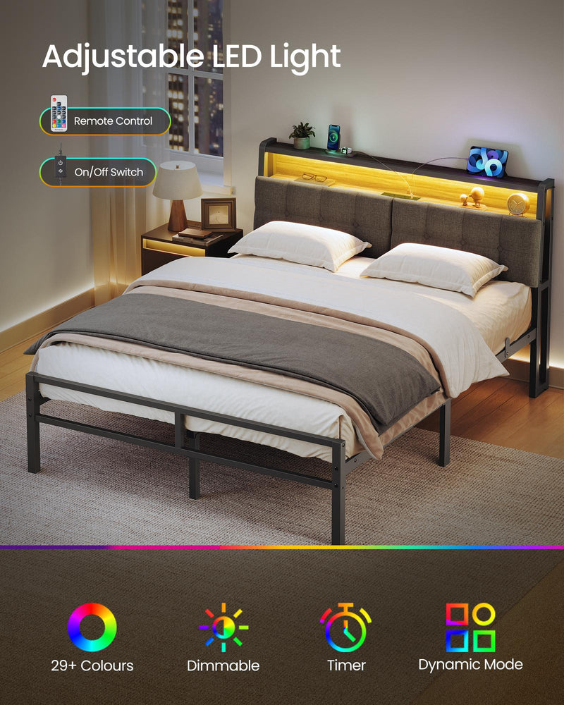 Bed frame in a dark bedroom showing the RGB lighting, remote control and dimming options