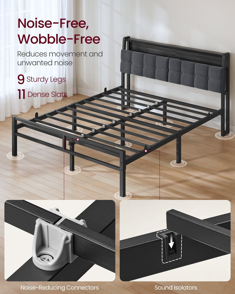 Bare metal bed frame showing the 9 legs, 11 slats and noise-reducing connectors
