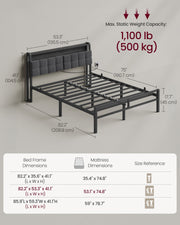 Dimension diagram of the double bed frame with a size comparison table for 3 bed sizes