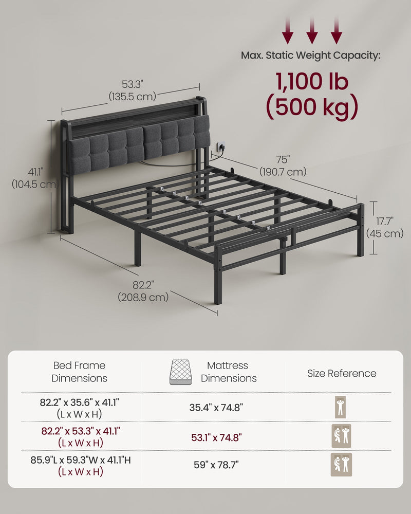 Dimension diagram of the double bed frame with a size comparison table for 3 bed sizes