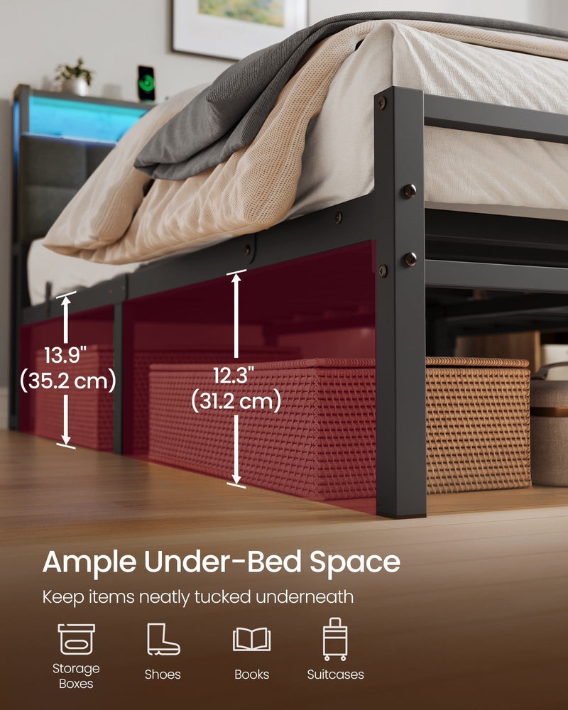 Close-up of the under-bed clearance with storage boxes and baskets beneath the frame